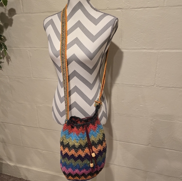 Crochet Bag Colorful Drawstring Bucket Hippie Boho Festival Travel Handmade Knit - Picture 1 of 9